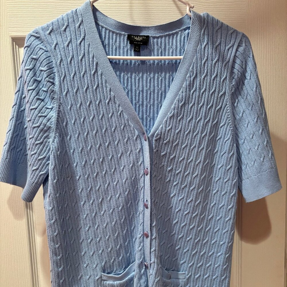 Talbots Sweater Women's XL Sky Blue Button Cardigan Short Sleeve Cable Kknit